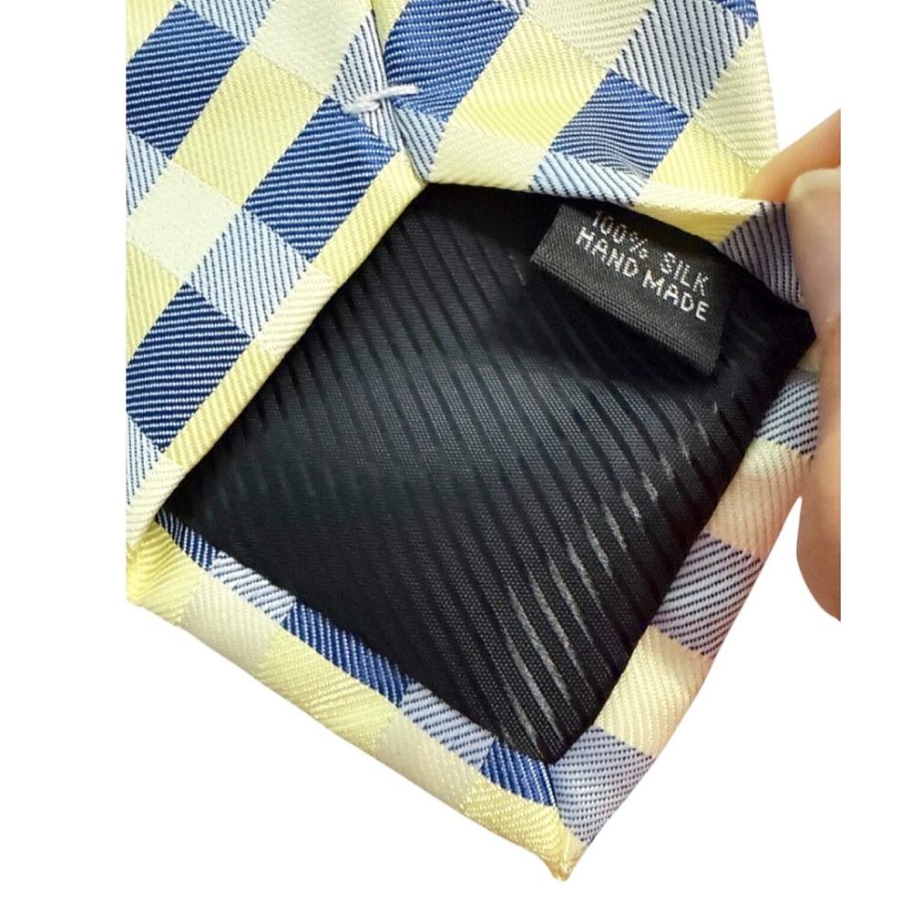 Men’s 100% Silk Tie Yellow Navy Blue Plaid Check Hand Made Classic Necktie - Picture 3 of 5